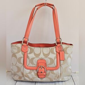 Coach Campbell Signature Belle Carryall F25294 Silver/Light Khaki/Coral